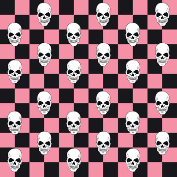 Vector seamless pattern of flat chess board and hand drawn skull isolated on pink background