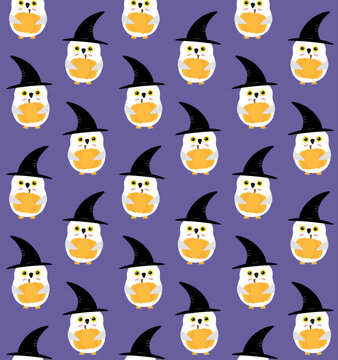 Vector seamless pattern of flat cartoon Halloween witch owl with pumpkin and hat isolated on purple background
