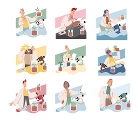 Scientist examining plant species using laboratory microscope. Eco friendly technology research on environmental protection. Ecologist studying botany in ecological biological lab takes care of nature