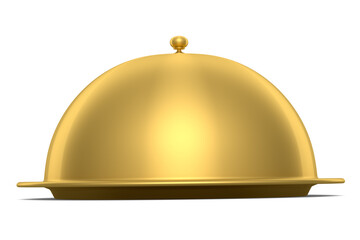 Gold tray with cloche ready to serve isolated on white background
