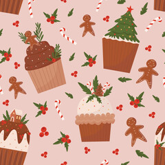 Christmas seamless pattern with cupcakes and gingerbread, lollipops with sticks and red berries on pink background.