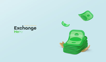 Fototapeta premium 3d cartoon dollar paper bills money falling in stack vector illustration. US dollars cash back on light background. Money exchange banner template.
