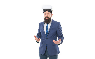 amazed businessman wearing vr glasses isolated on white. vr business concept. businessman