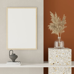 Empty poster frame in interior , frame mock up , 3d rendering