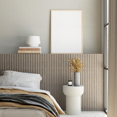 Cozy bedroom interior with empty poster frame , mock up , 3d rendering
