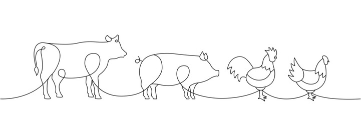 Farm animals set one line continuous drawing. Pig, Cow, Chicken, Rooster silhouettes. Farm animals continuous one line illustration.