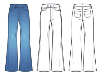 Unisex Jeans flared bottom, Denim Pants technical fashion illustration, blue design. Jeans Pants with full length, medium waist, flared fit, front view, back view, white, women, men, unisex CAD mockup