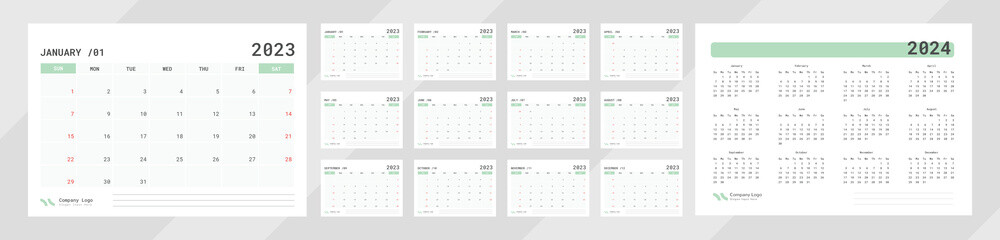 Monthly calendar for 2023 planner with new trendy design and 2024 calendar on the back page and side date.