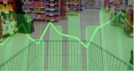 Image of financial data processing over shopping cart