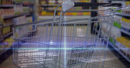 Image of financial data processing over shopping cart