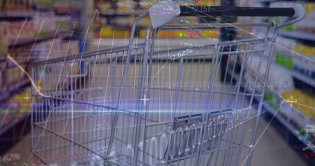 Image of financial data processing over shopping cart