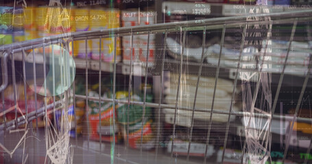Image of financial data processing over shopping cart