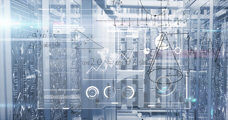 Image of data processing over server room