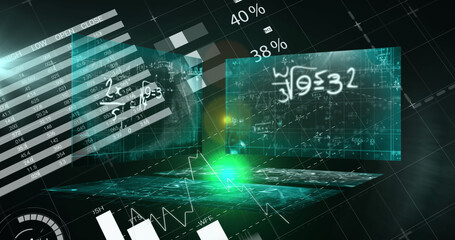 Image of data processing over mathematical equations on black background
