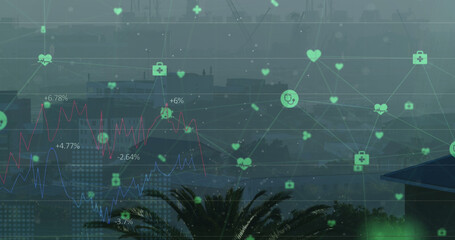 Image of network of connections over cityscape