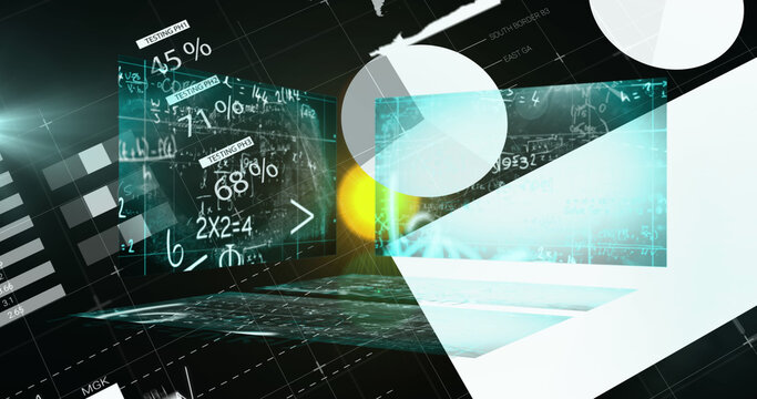 Image of data processing over mathematical equations on black background