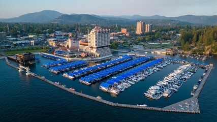 Arial view of the city of Coeur d'Alene Idaho USA with mountains and rivers