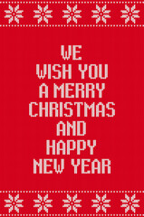 Knitted red  greeting card. We wish you a merry Christmas and happy New Year. Vector illustration