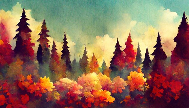 Artistic Autumn forest landscape. Colorful watercolor painting of fall season. Red and yellow trees. Vintage pastel colors.