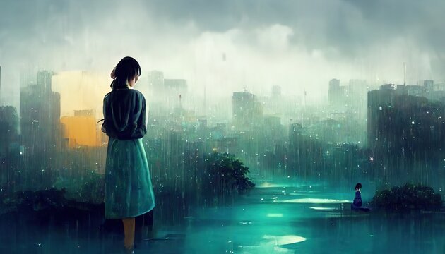 Cute Anime woman looking at the cityscape by night time. A sad, moody. Manga, lofi style. 3d rendering