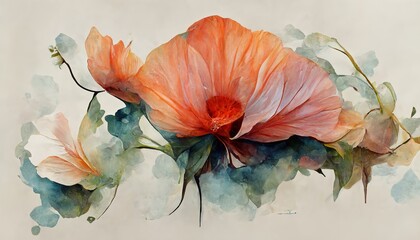 Bright flower painted in watercolor on a white paper background. Digital art 3D illustration. 3d rendering.