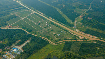 Aerial drone view of agriculture land scenery with river at Jasin, Melaka, Malaysia