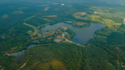 Aerial drone view of tropical scenery with dam lake at Jasin, Melaka, Malaysia
