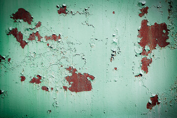 Fototapeta premium background with rust - dried green paint on an iron rusty surface, with a vignette
