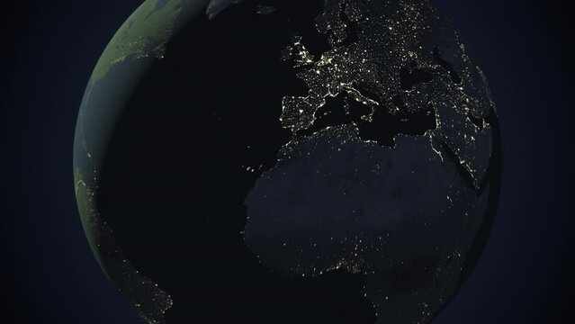 Seamless looping animation of the earth at night zooming in to the 3d map of Germany with the capital and the biggest cites in 4K resolution