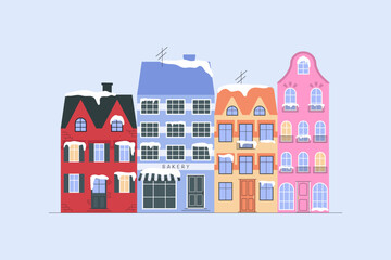 Colourful Winter houses vector flat Illustration. Scandinavian house. Christmas holiday season.