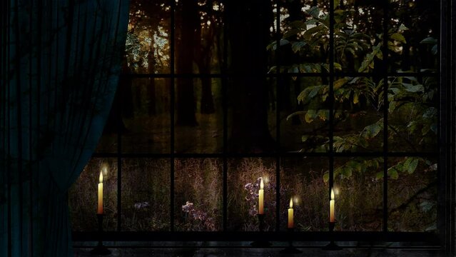 Old window with burning candles in the forest.