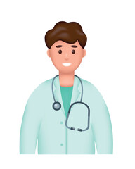 Fototapeta premium Smiling man doctor avatar in uniform with stethoscope. Healthcare and medicine concept. 3d Realistic cartoon character vector illustration isolated on white background.