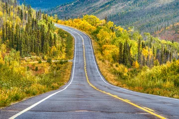 Fototapeten Long view the Steese Highway in the autumn wilderness near Fairbanks, Alaska © pabrady63