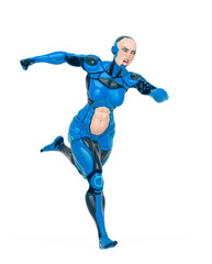 super cyborg girl is running mega fast with a ferocious face