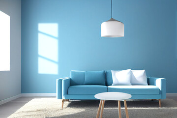 A spacious blue room with a blue sofa. Domestic room with big windows.