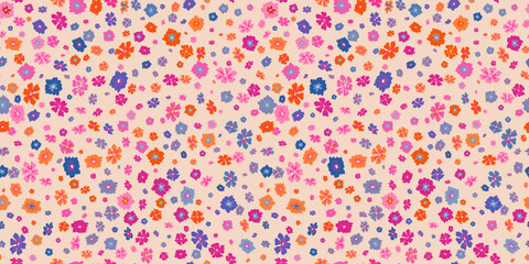 Vector seamless pattern with small scattered flowers. Liberty style wallpapers. Elegant floral background. Simple ditsy texture with tiny flower. Vintage style design for fashion prints, decor, fabric