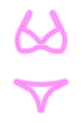 Pink neon silhouette of a women's swimsuit isolated on white. Bikini