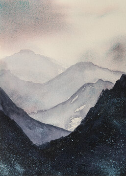 Watercolor illustration painting clouds in the mountains foggy neutral tones handmade Timeless Ethereal dreamy layers