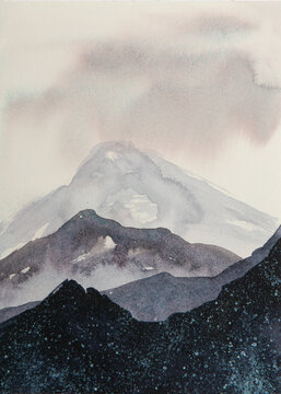 Watercolor illustration painting clouds in the mountains foggy neutral tones handmade Timeless Ethereal dreamy layers