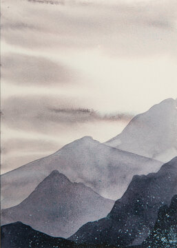 Watercolor illustration painting clouds in the mountains foggy neutral tones handmade Timeless Ethereal dreamy layers