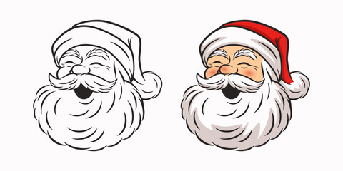 Vector Cute Funny Smiling Santa Claus Head Icon. Design Template for Holiday Merry Christmas and Happy New Year Greeting Cards, Stickers, Banners