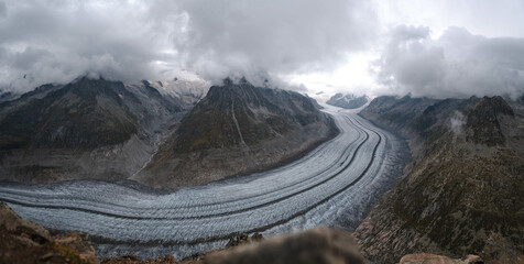 Cloudy, dark, Fiescher Alps near Aletsch Arena, Switzerland, Europe