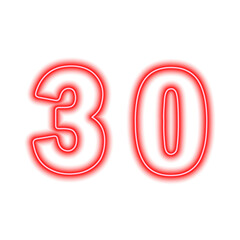 Neon red number 30 isolated on white. Serial number, price, place