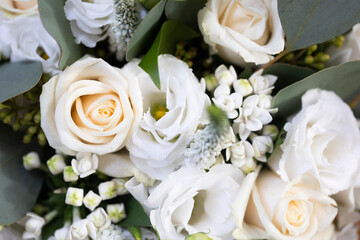 Wedding bouqete background. Empty copy space white rose floral pattern. Bunch of fowers for bride. Decorative wedding texture. Rustic wedding flowers. Preparation for ceremony. Floral background.