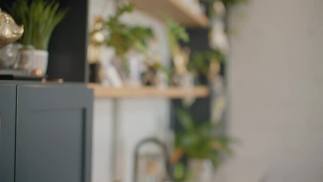Man pulls up iphone into frame, green screen mockup, kitchen background