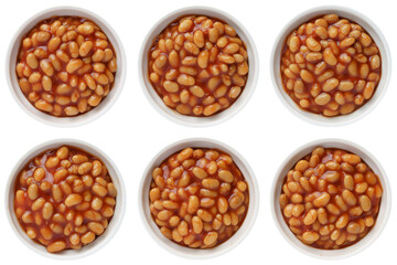 Baked beans in tomato sauce in a white ceramic bowl isolated on white. Top view.