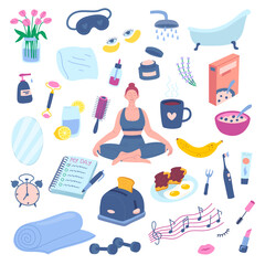 Vector morning routine elements set. Woman meditating in lotus pose in primitive flat style with pillow, yoga mat, oatmeal, makeup, miror, planner around her illustration