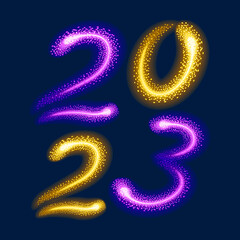 Burning sparkling text 2023 with golden lights. Rotating firework lights in the night. Yellow sparks form a glowing numbers 2023. Fiery shiny snakes. Vector template for calendar, Greeting Card,Banner