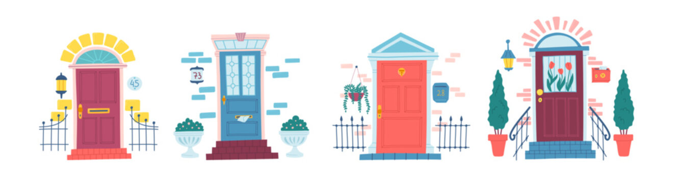 Vector front doors with door knocker, street plants, bricks, mailboxes set in flat primitive style. Different building entrances with stained glass flowers, lanterns and arches illustration
