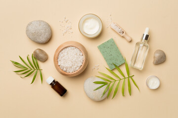 Plakat Composition with spa products on color background, top view